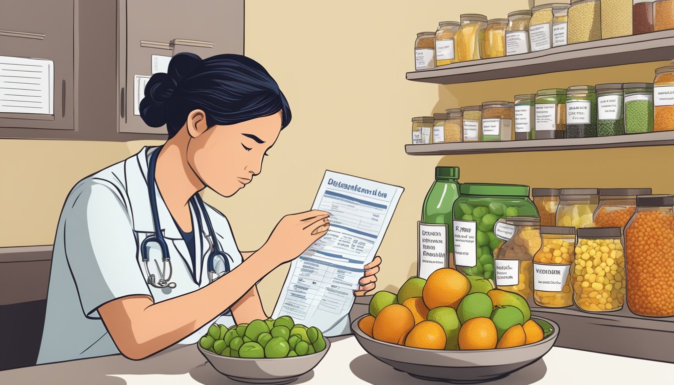 A person with diabetes contemplating a bowl of ximenia fruit, with a doctor's note and nutrition labels in the background