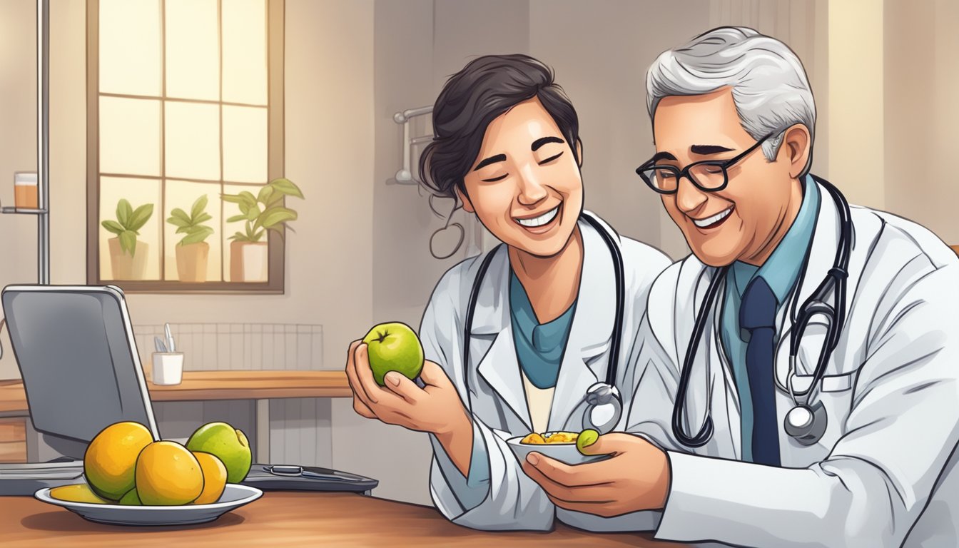 A diabetic person happily eating ximenia fruit while a doctor nods in approval