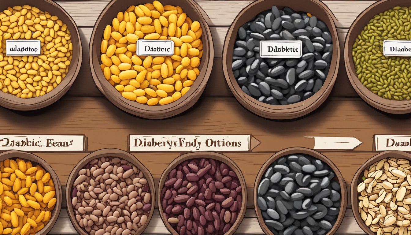 A variety of beans arranged in a colorful display, including yellow eye beans, with a sign indicating "Diabetic-Friendly Options."