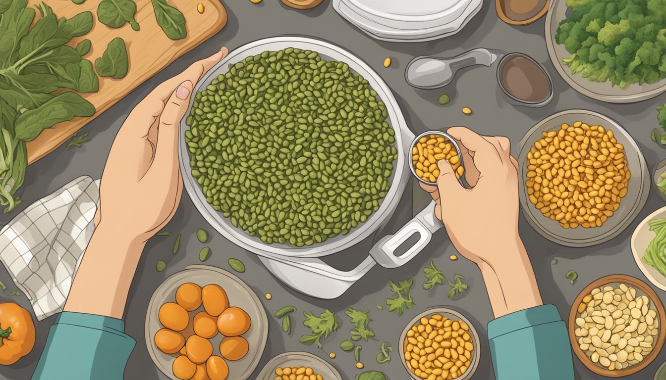 A person with diabetes carefully selects and prepares a meal featuring yellow eye beans, surrounded by fresh vegetables and a measuring cup