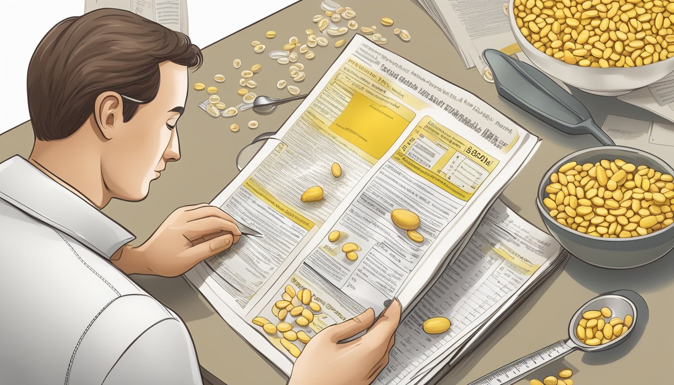 A diabetic person carefully examining a bowl of yellow eye beans, surrounded by medical literature and nutritional information