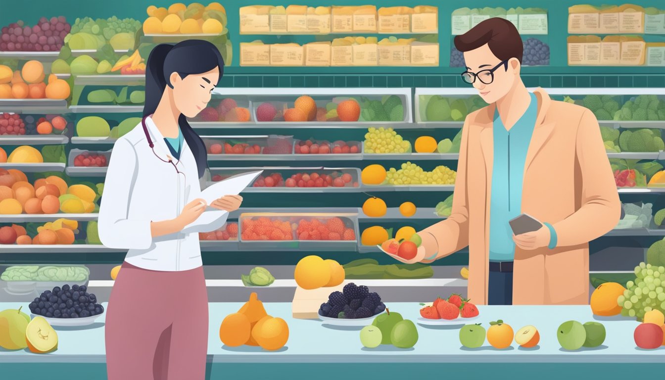 A person with diabetes choosing between yangmei and other fruits, with a nutrition label and a doctor's advice in the background