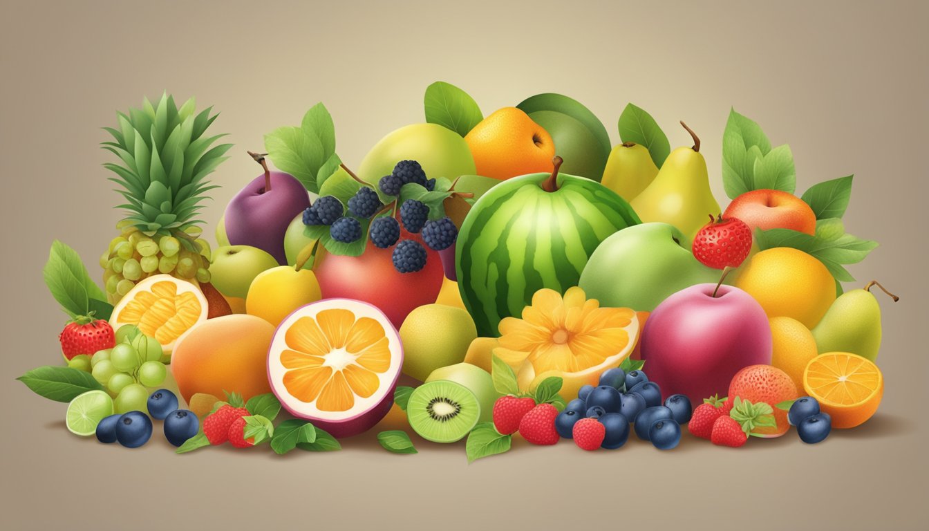 A colorful illustration of yangmei fruit surrounded by a variety of nutritious foods, with a focus on the fruit's low glycemic index