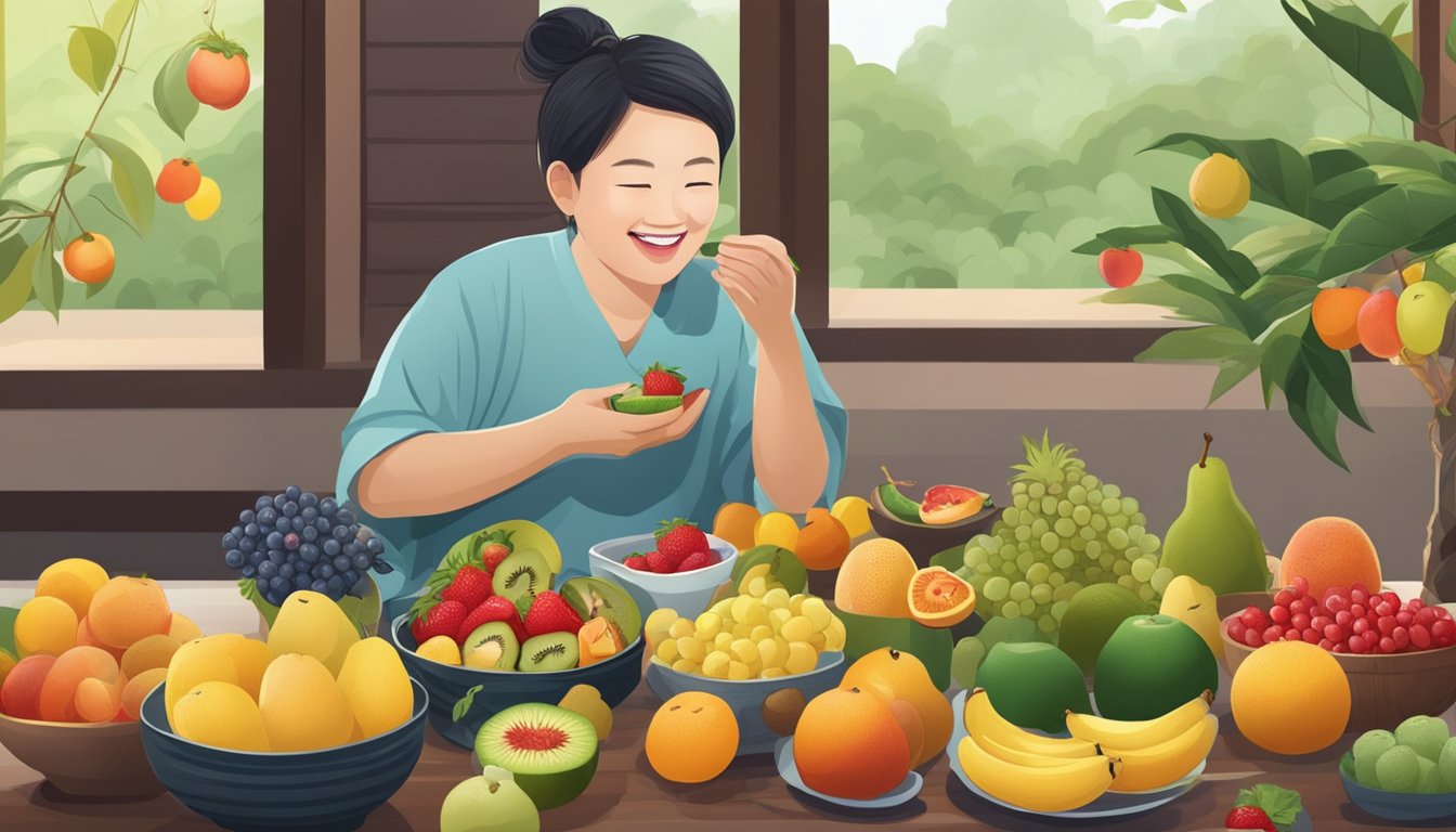 A diabetic person happily eating yangmei fruit with a smile on their face, surrounded by a variety of other fruits on a table