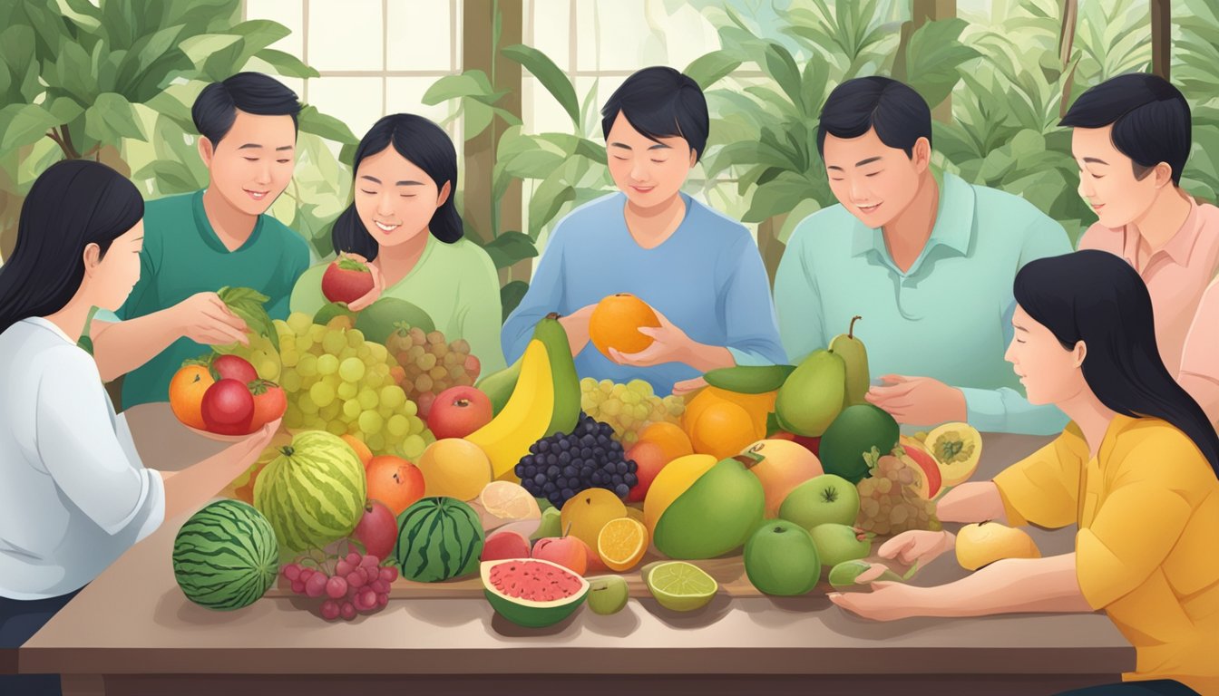 A table with various fruits, including yangmei, surrounded by a group of diabetic individuals discussing and examining the fruits