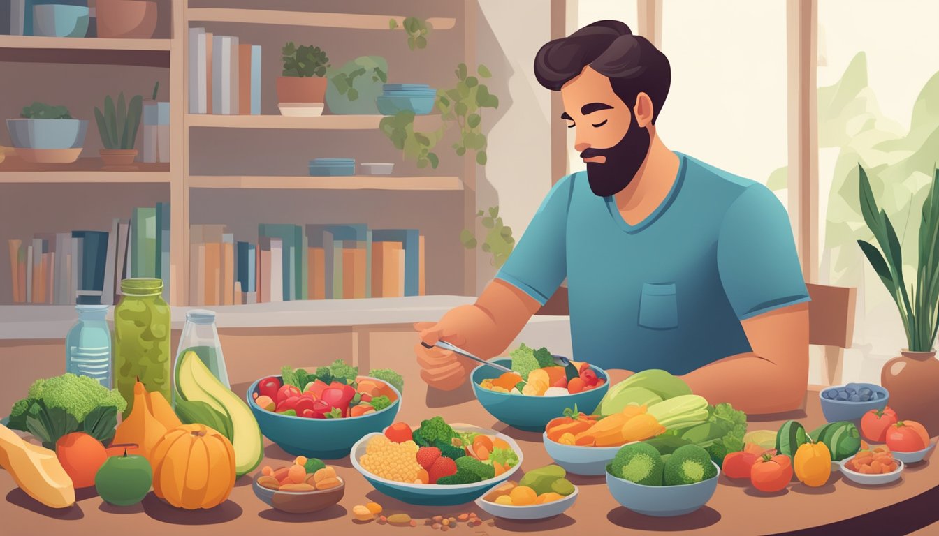 A person with diabetes sits at a table with a bowl of ymer and a variety of nutritious foods, while a nutritionist explains dietary choices