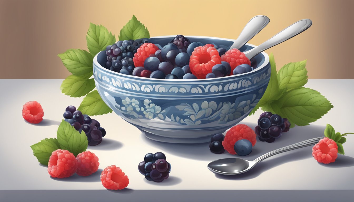 A bowl of ymer sits on a table, surrounded by fresh berries and a spoon