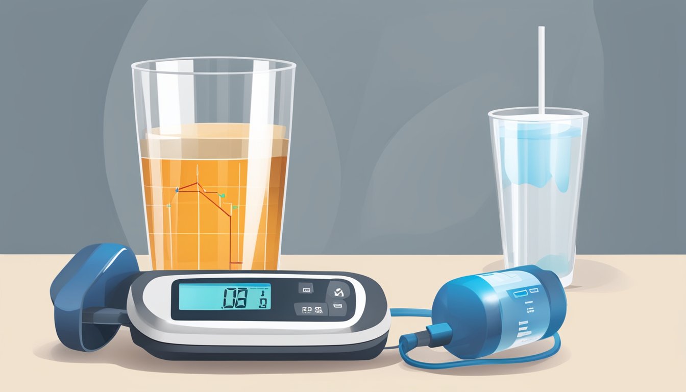 A glass of ymer next to a blood sugar monitor, with a graph showing a spike in blood sugar levels