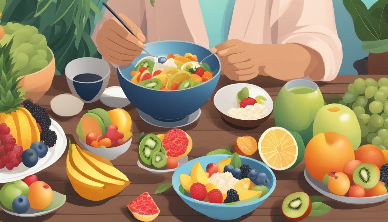 A diabetic person enjoying a bowl of yangmei fruit while surrounded by healthy food options