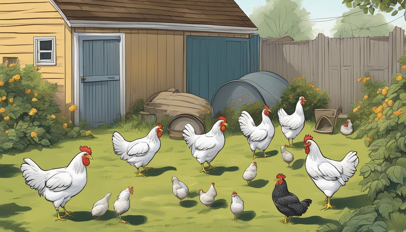 A flock of chickens in a backyard, showing signs of illness such as lethargy, disheveled feathers, and abnormal droppings