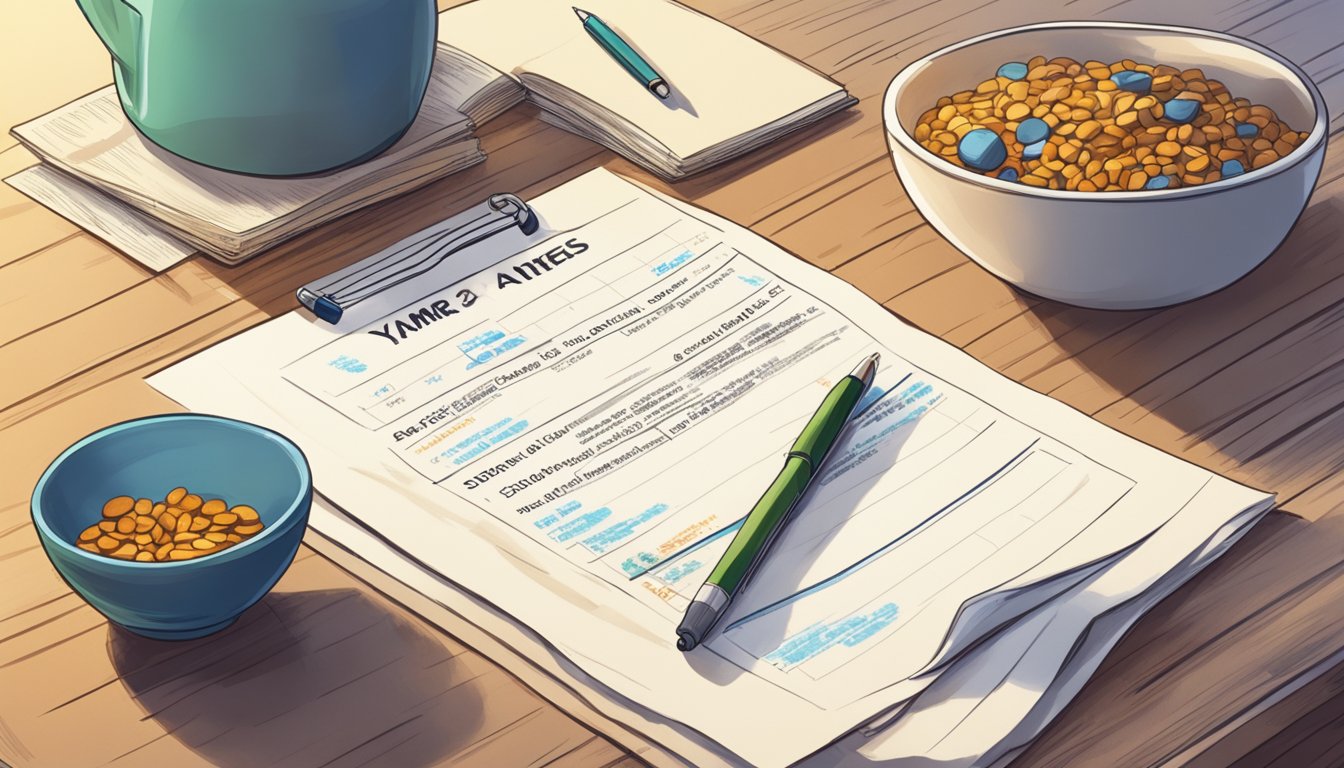 A diabetic person standing in front of a table with a bowl of ymer and a list of potential benefits and risks written on a piece of paper