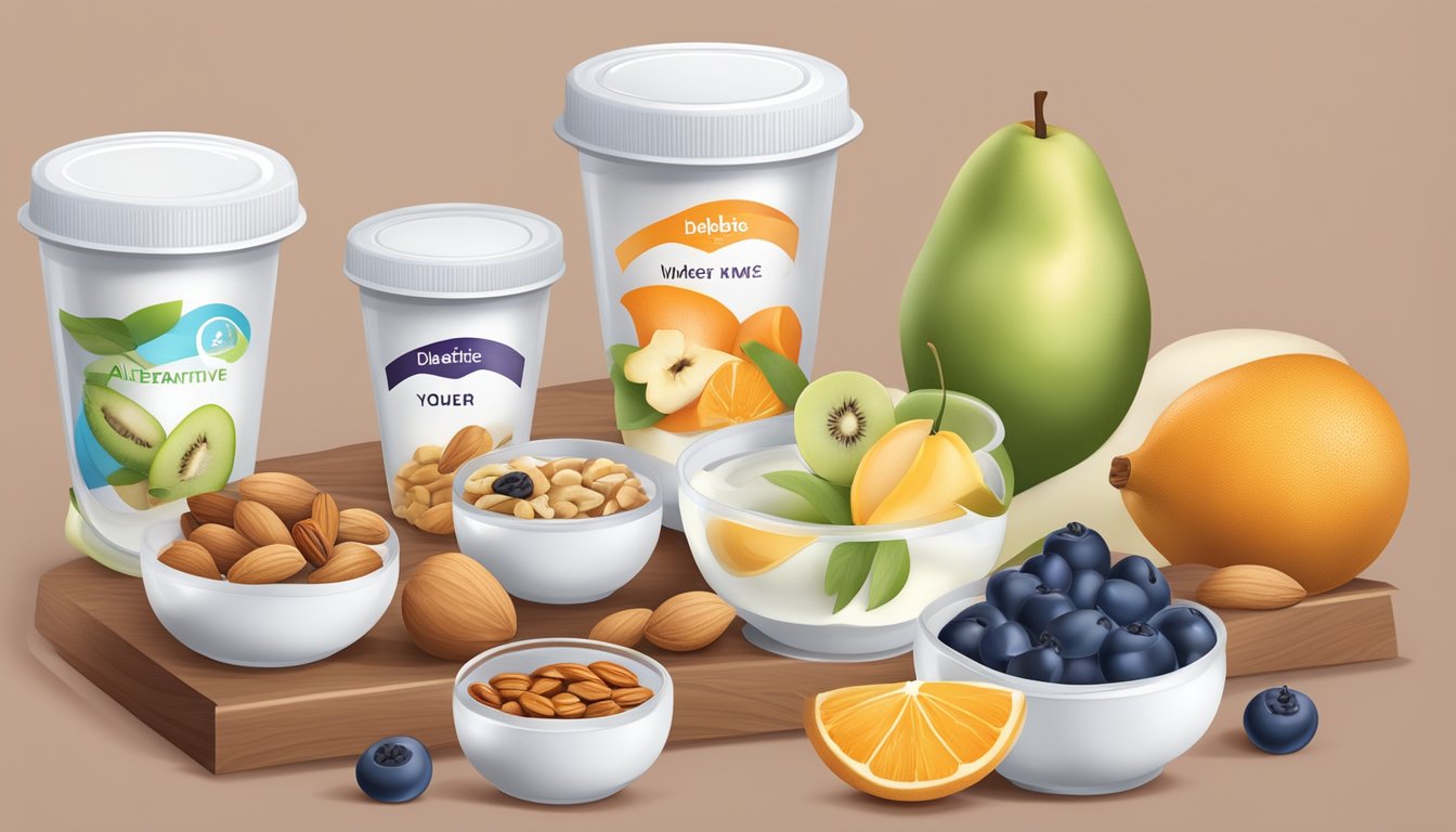 A table set with a variety of fruits, yogurt, and nuts, with a diabetic-friendly label on a container of alternative yogurt to Ymer