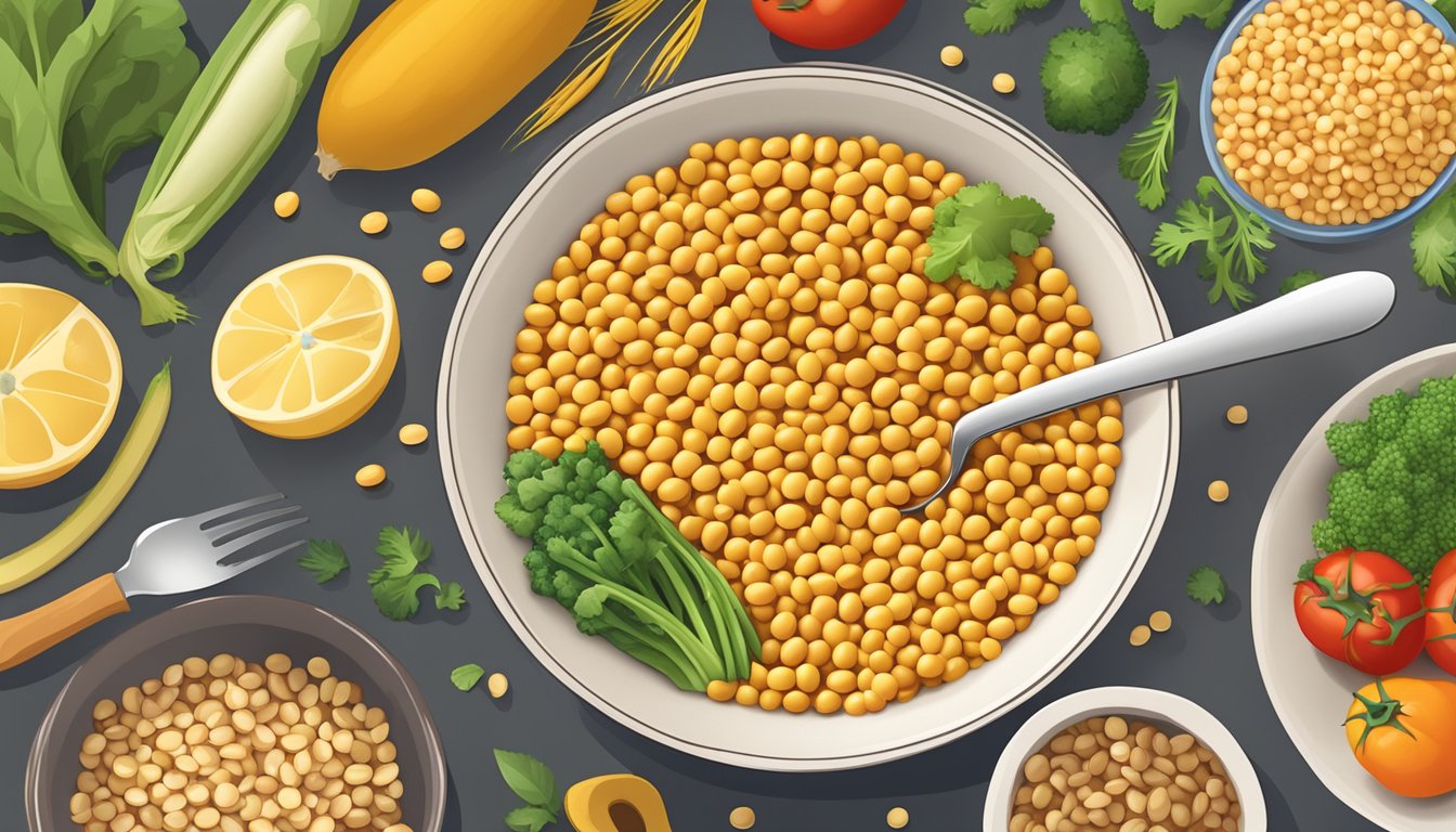 A bowl of cooked yellow split peas surrounded by various diabetes-friendly foods like vegetables and whole grains