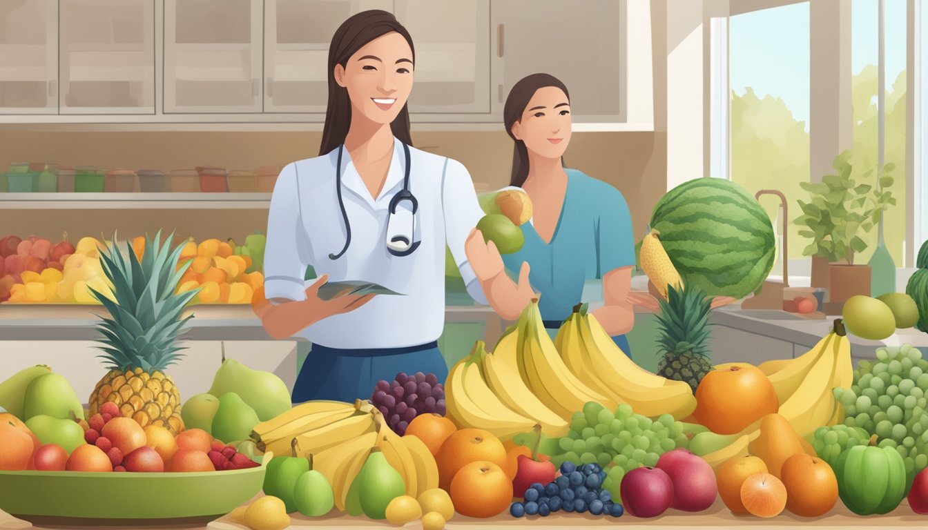 A dietician holding a variety of fruits, with a focus on zalacca, while explaining diabetes and fruit consumption to a group of people