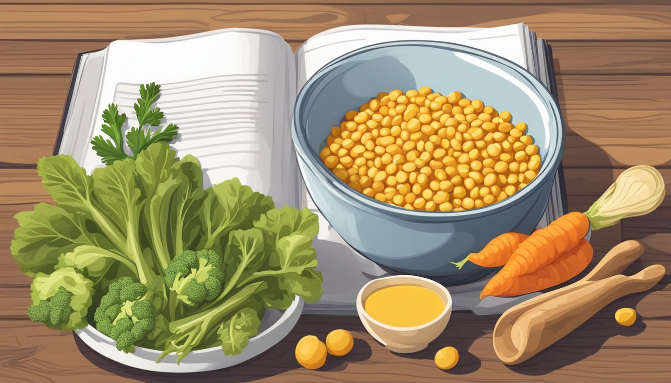 A bowl of cooked yellow split peas surrounded by fresh vegetables and a measuring cup, with a diabetic-friendly recipe book open nearby