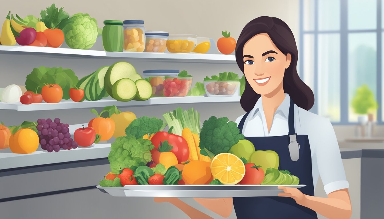 A dietician holding a plate of healthy food options, with a focus on fruits and vegetables, while discussing dietary guidelines for diabetics