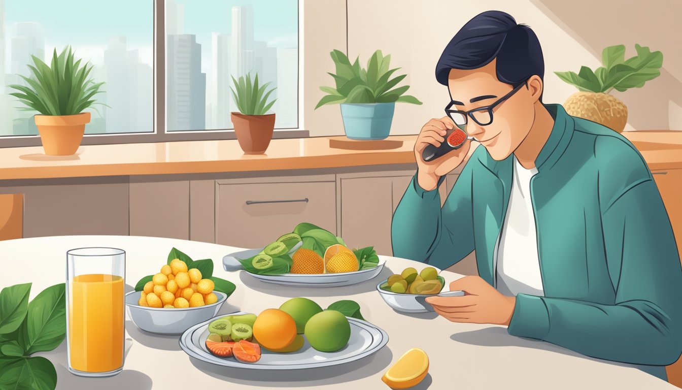 A diabetic person enjoying a plate of zalacca fruit, with a blood glucose monitor and healthy food options in the background