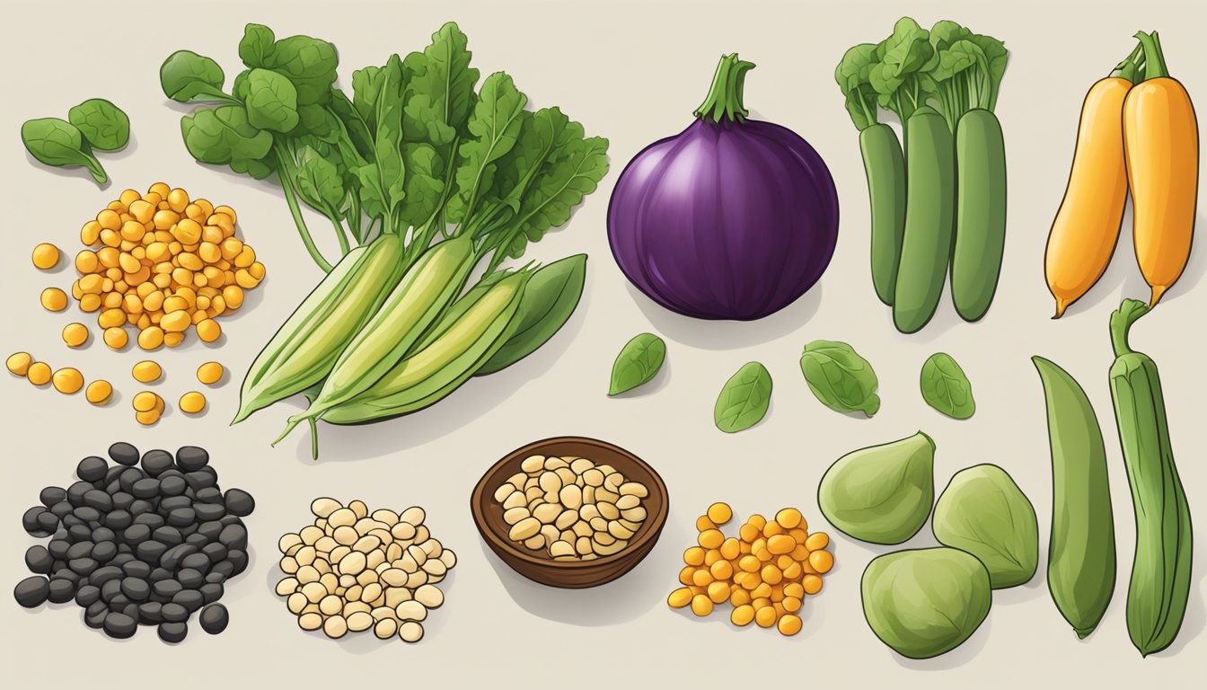 A table with various legumes and vegetables, including yellow split peas, arranged for comparison