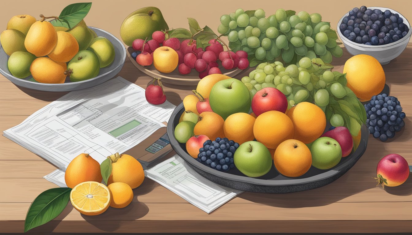 A table with a variety of fruits, including zalacca, with a diabetes awareness pamphlet nearby