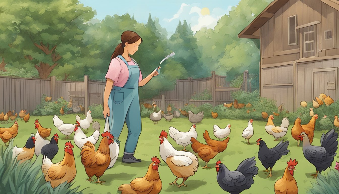 A person holding a medication syringe near a group of chickens in a backyard setting. The chickens are pecking at the ground, surrounded by a coop and various plants