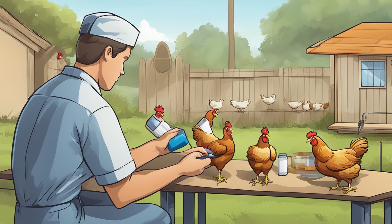 A veterinarian measuring medication into a syringe for a group of chickens