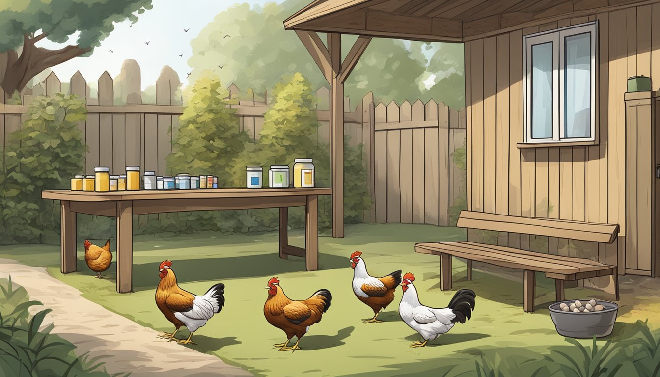 A backyard with a small flock of chickens gathered around a feeding area, with medication and dosing guidelines laid out on a nearby table