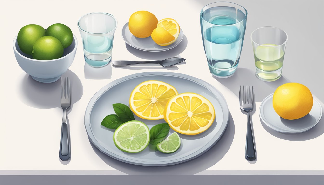 A diabetic-friendly table setting with a plate of sliced yuzu fruit, a glass of water, and a diabetes-friendly meal