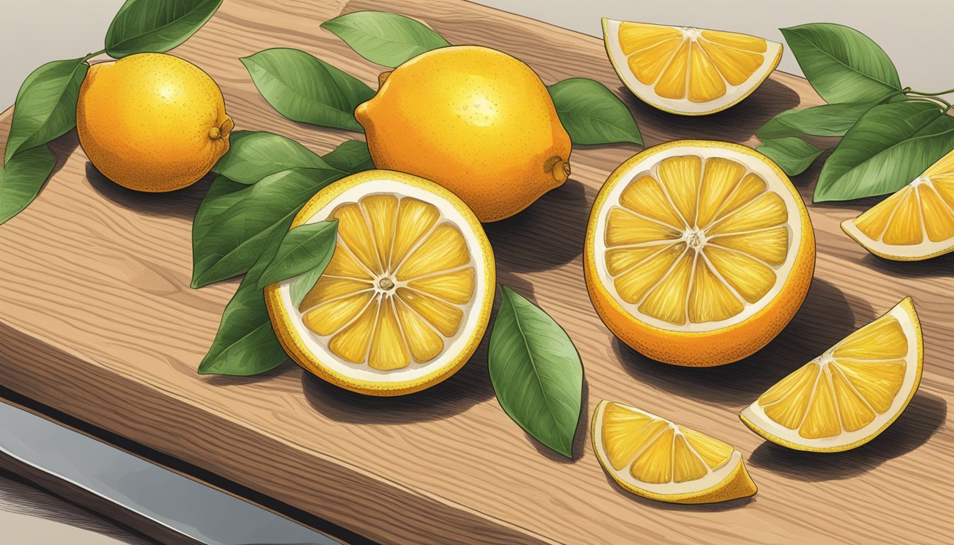 Yuzu, oranges, and lemons on a wooden cutting board