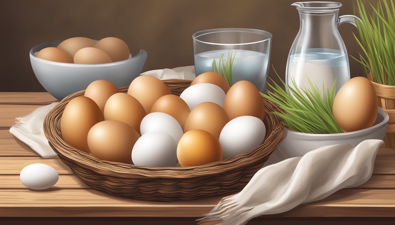 A rustic wooden table with a basket of freshly laid eggs, a bowl of warm water, and a soft cloth for gently washing and processing the eggs