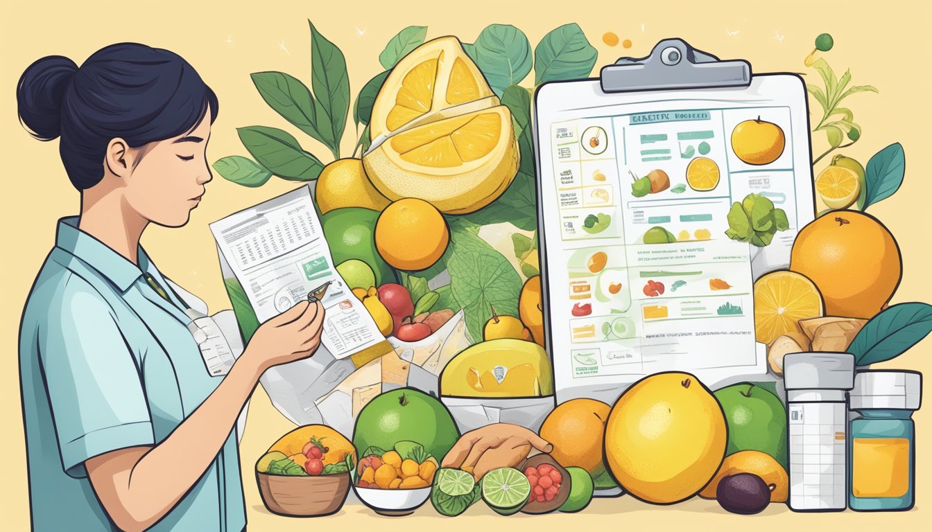 A diabetic person holding a yuzu fruit with a question mark above their head, surrounded by various food items and a medical chart