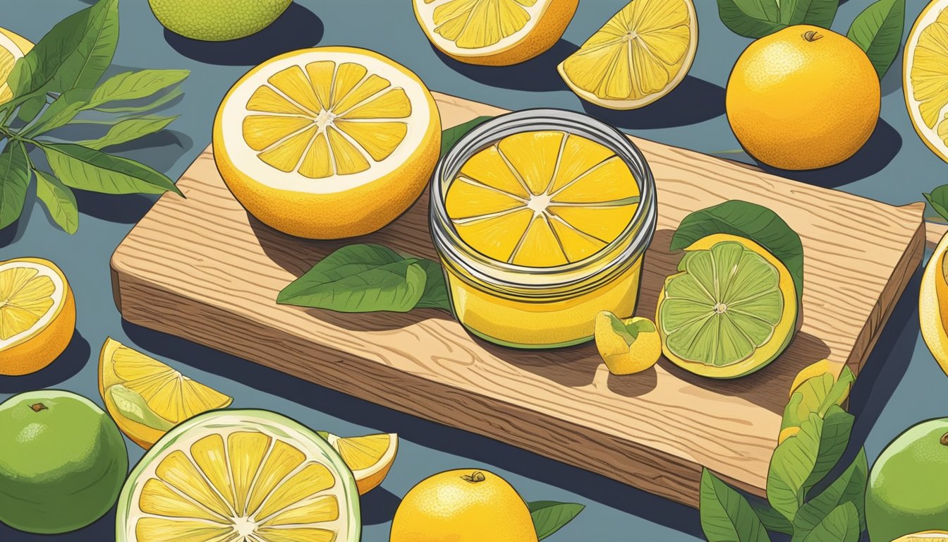 A hand reaching for a vibrant yuzu fruit on a wooden cutting board, surrounded by other fresh citrus fruits. A glass jar for storing the yuzu sits nearby