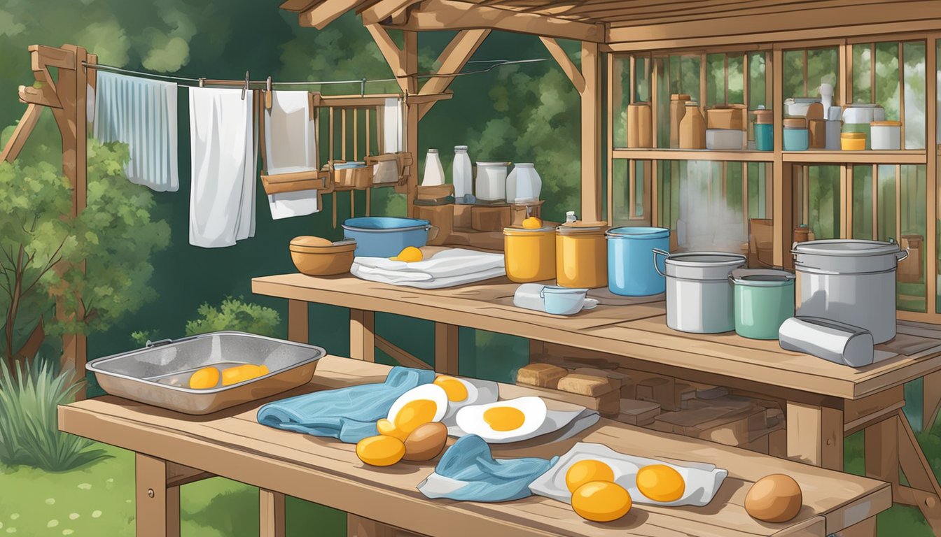 A table with various egg washing and processing equipment, including brushes, towels, and drying racks, set up in a clean and organized backyard setting