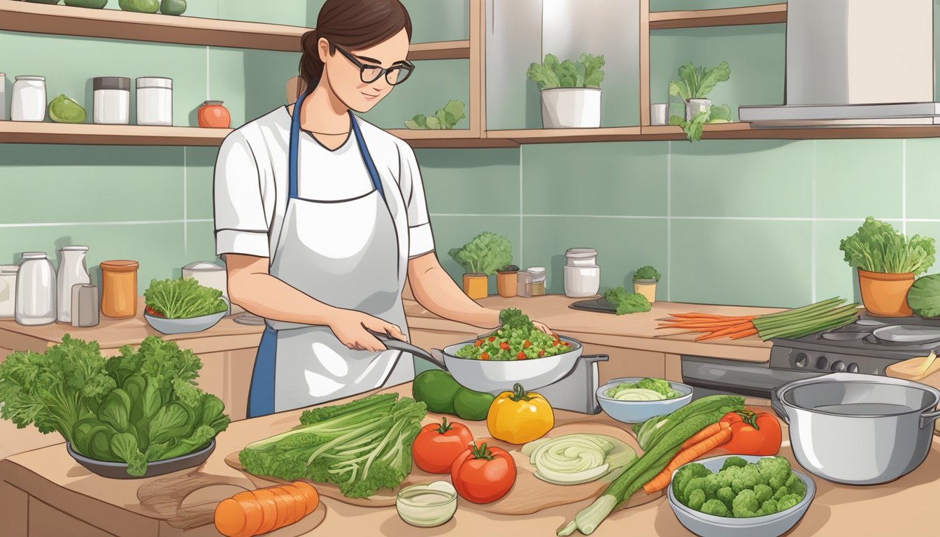 A person with diabetes cooking a healthy meal with zhug and fresh vegetables