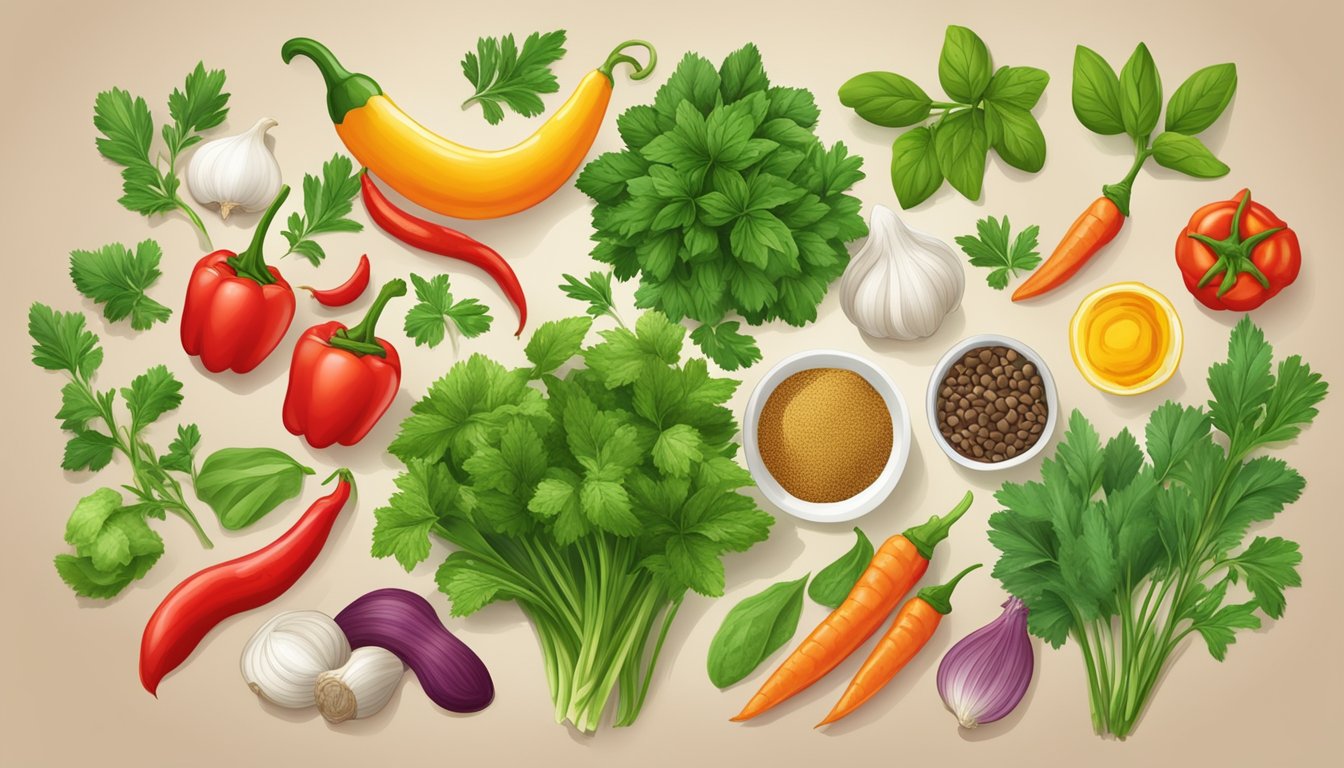 A colorful array of fresh herbs, spices, and vegetables, with a focus on the key ingredients of zhug, such as cilantro, parsley, garlic, and hot peppers