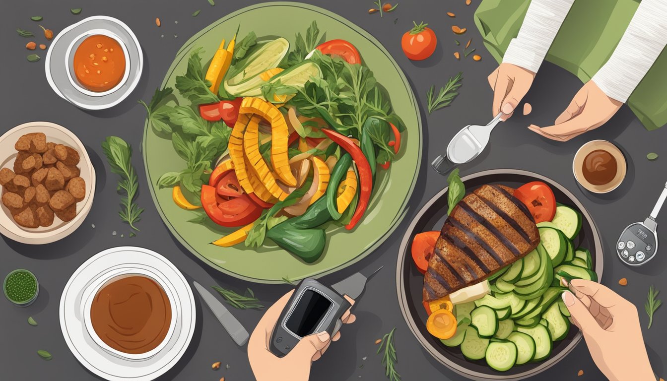 A diabetic person enjoying a meal of grilled vegetables with a side of zhug sauce, surrounded by fresh ingredients and a blood sugar monitor nearby