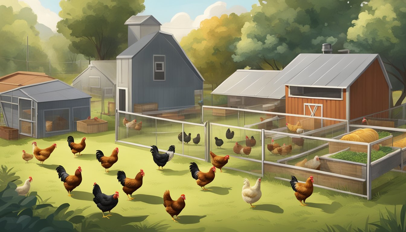 A backyard with several coops housing broiler chickens. Feed and water containers are scattered around the area, and the chickens are pecking at the ground