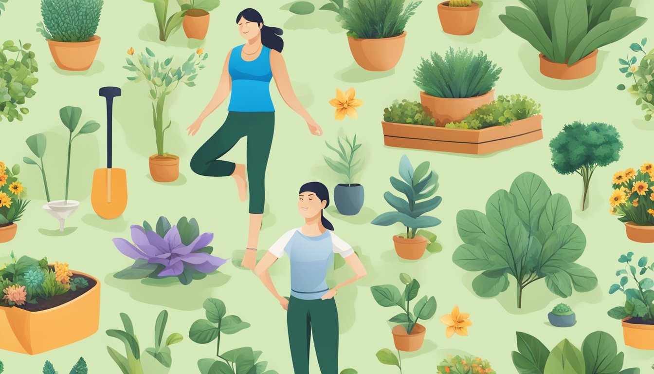 A person with diabetes enjoying a variety of physical activities like yoga, hiking, and gardening to help control blood sugar levels