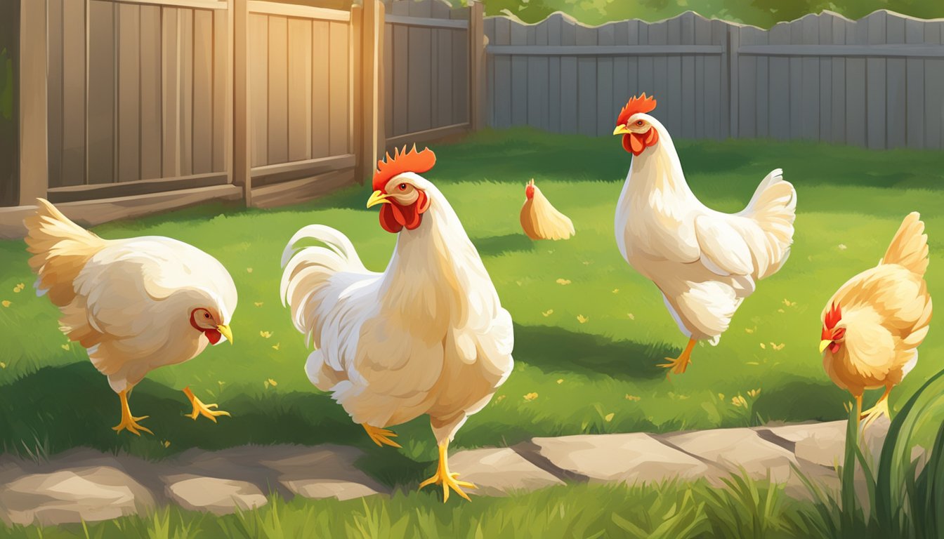 A group of broiler chickens roam freely in a spacious backyard, pecking at the ground and enjoying the sunshine