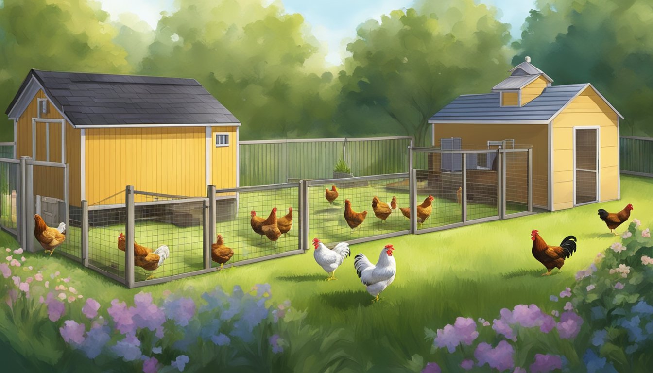 A backyard with broiler chickens roaming freely, a coop for shelter, and feeding and watering stations