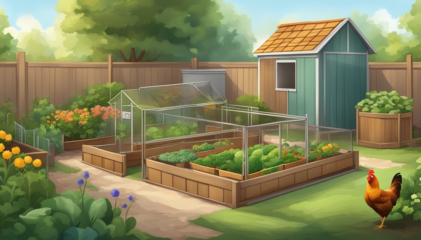 A backyard with a small coop and open space for broiler chickens to roam freely. A compost bin and vegetable garden nearby