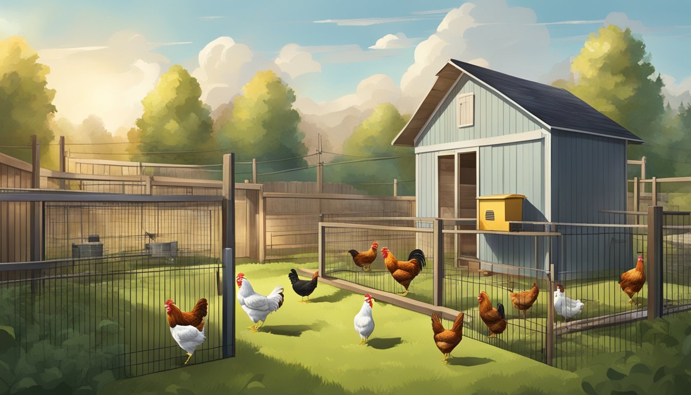 A backyard with broiler chickens in a fenced area, with a small coop and feeding and watering stations