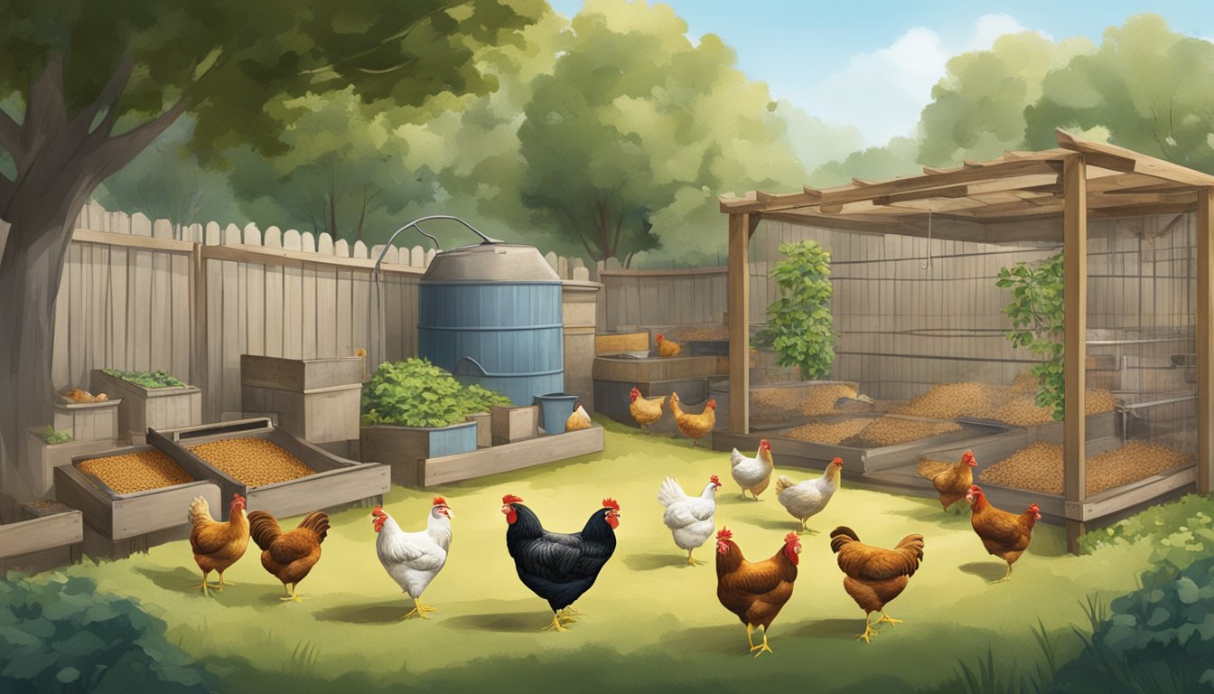 A backyard with chickens of different ages eating from separate feeding stations. A variety of feed types and waterers are visible