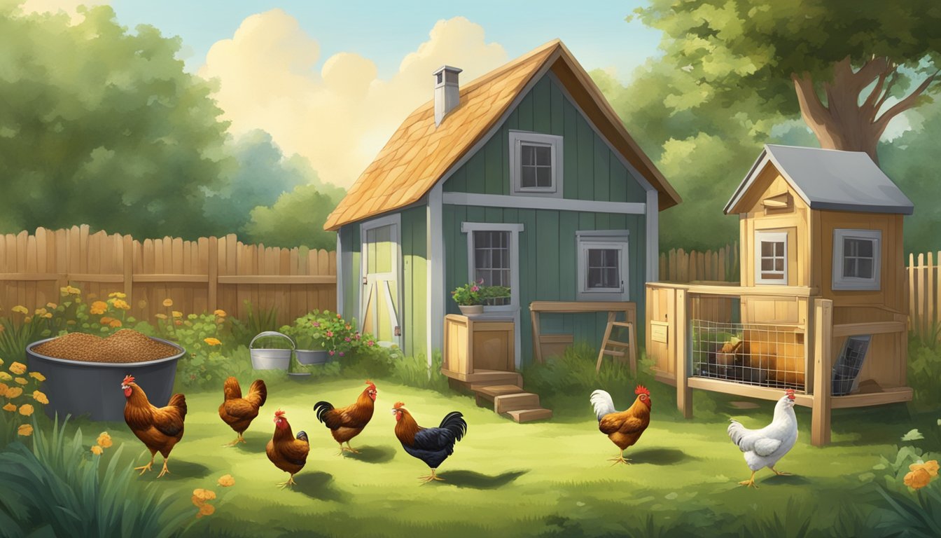 A backyard scene with chickens of different ages eating from separate feeders, surrounded by greenery and a small coop in the background