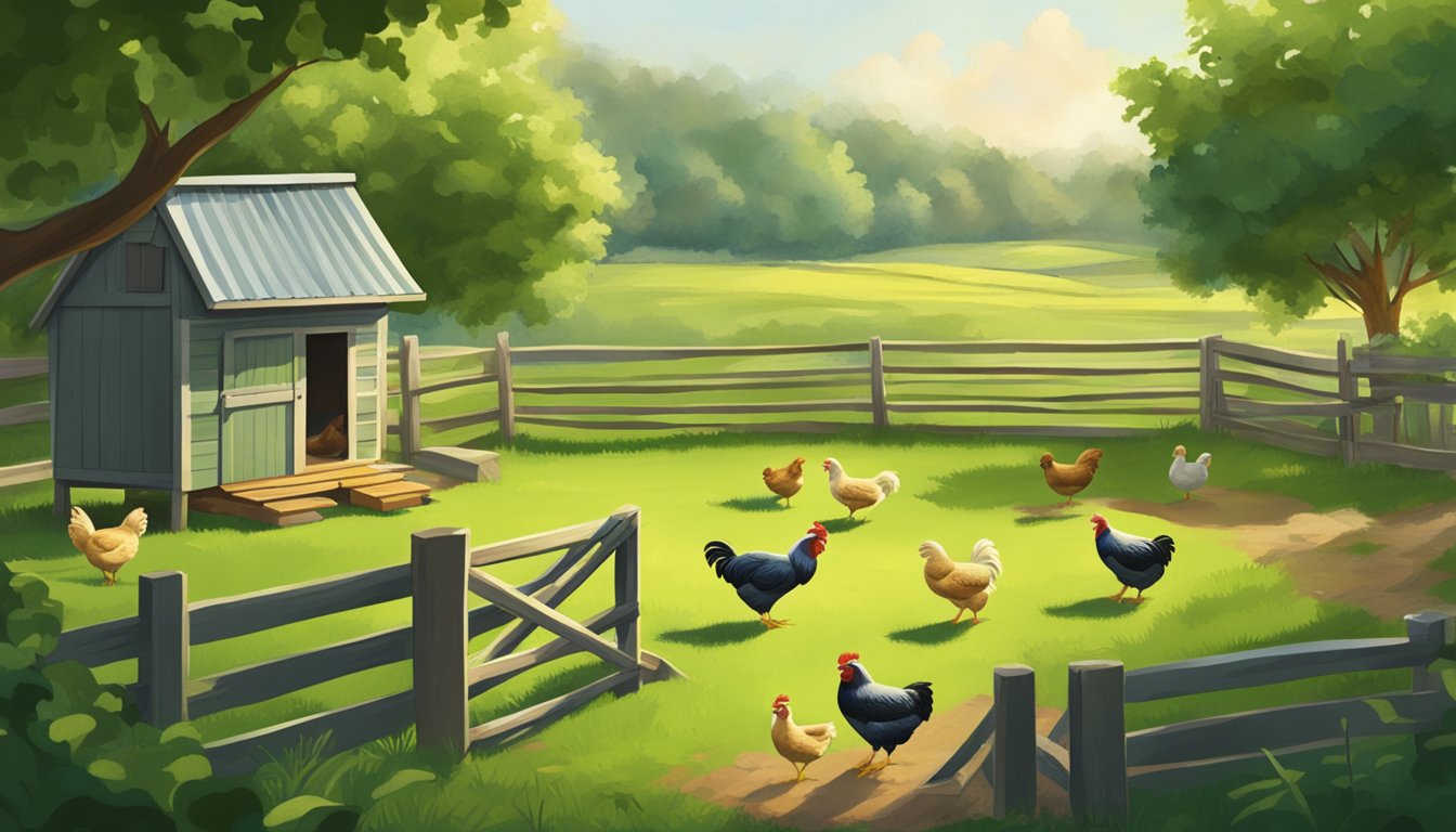 A lush green pasture with a small chicken coop in the background, surrounded by a fence. A few chickens are pecking at the ground while others rest in the shade