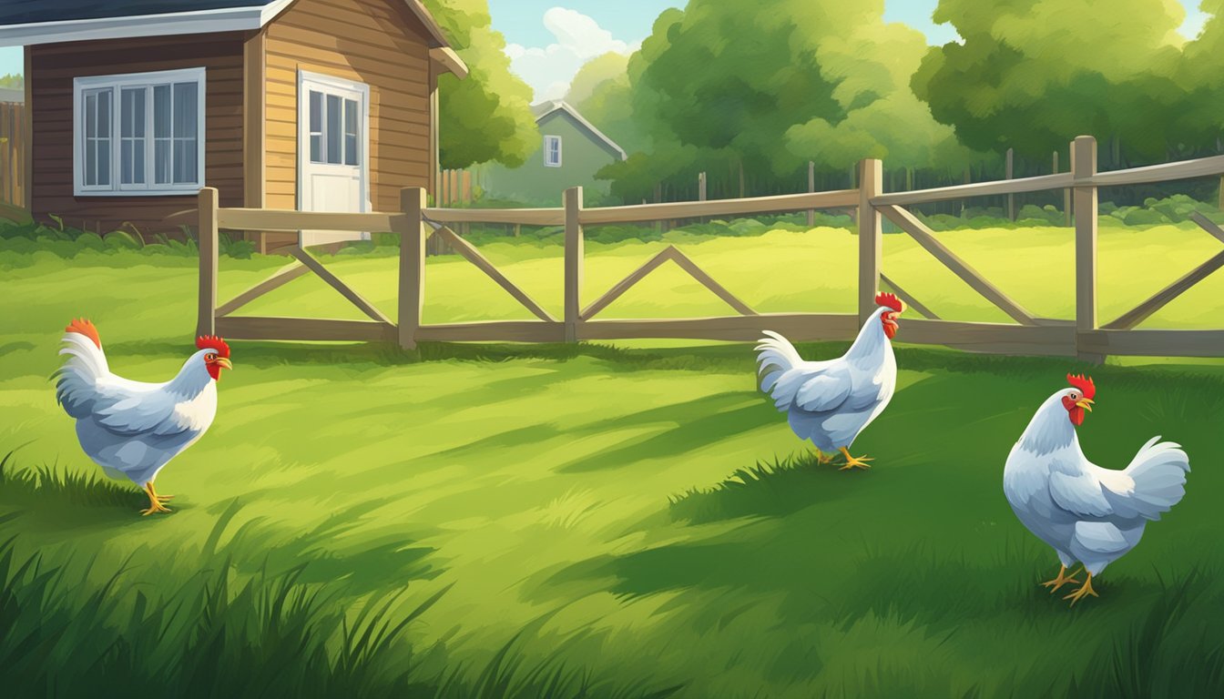 A small flock of chickens roam freely in a spacious backyard with lush green grass. A section of the yard is fenced off, allowing the chickens to rest and the grass to regrow