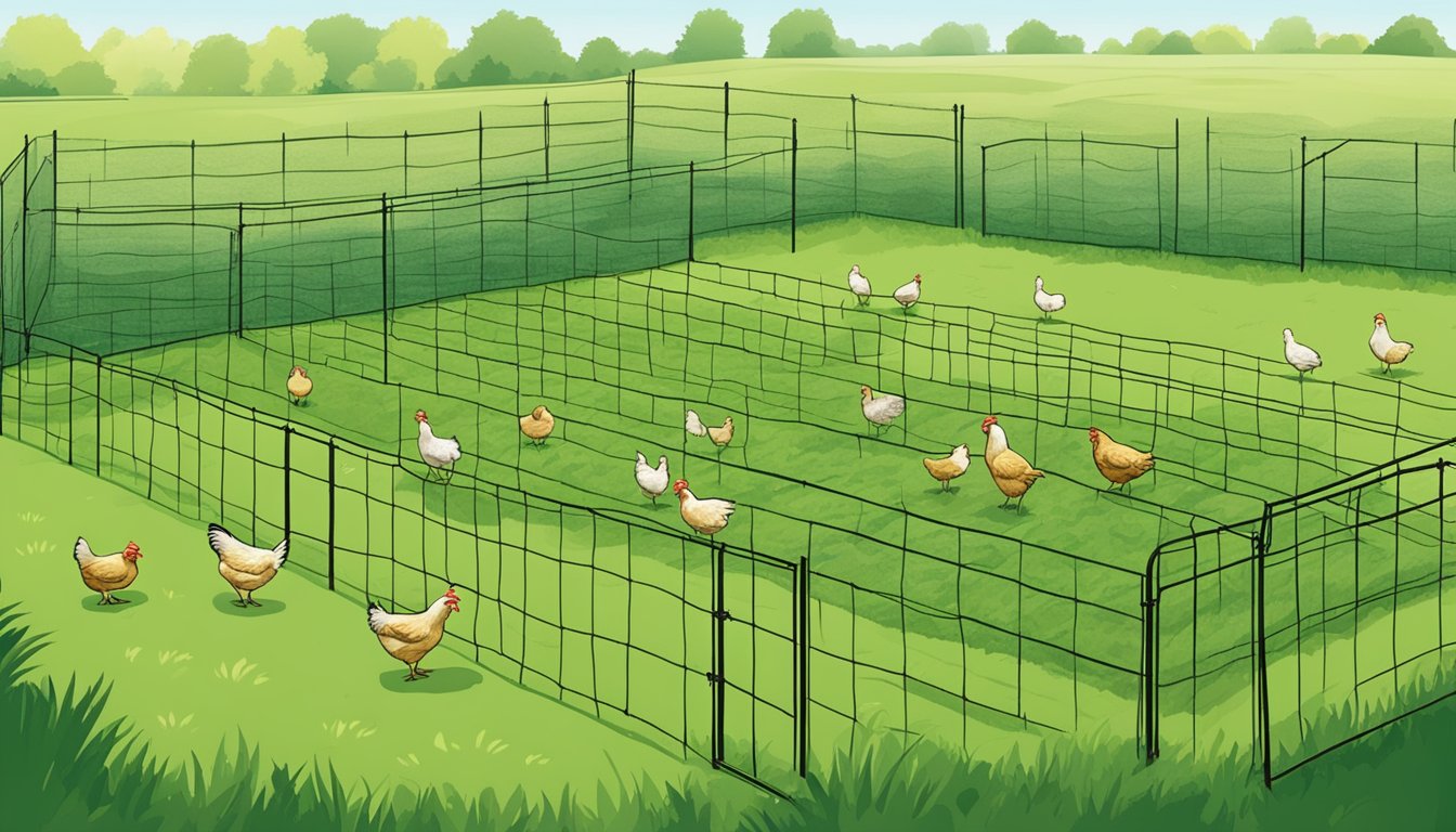 A lush green pasture with several separate fenced areas, each containing a different group of chickens. Some areas are empty, allowing the land to rest and regenerate