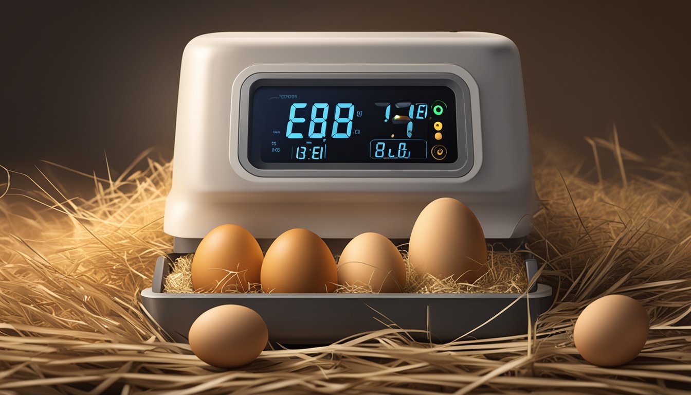 A warm, dimly lit incubator with rows of eggs nestled on a bed of straw, surrounded by a thermometer and humidity gauge