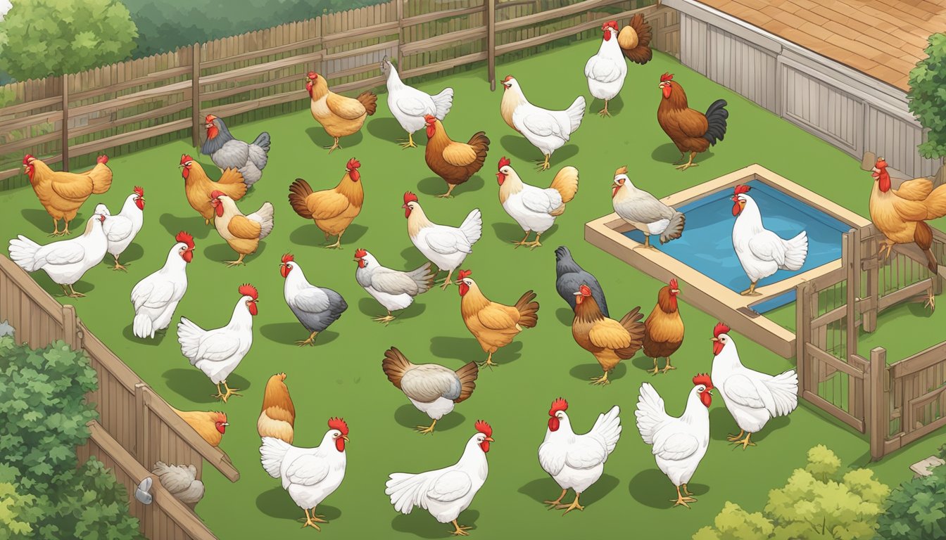 A variety of chicken breeds roam in separate sections of a spacious backyard, with some areas left empty for rest and rotation