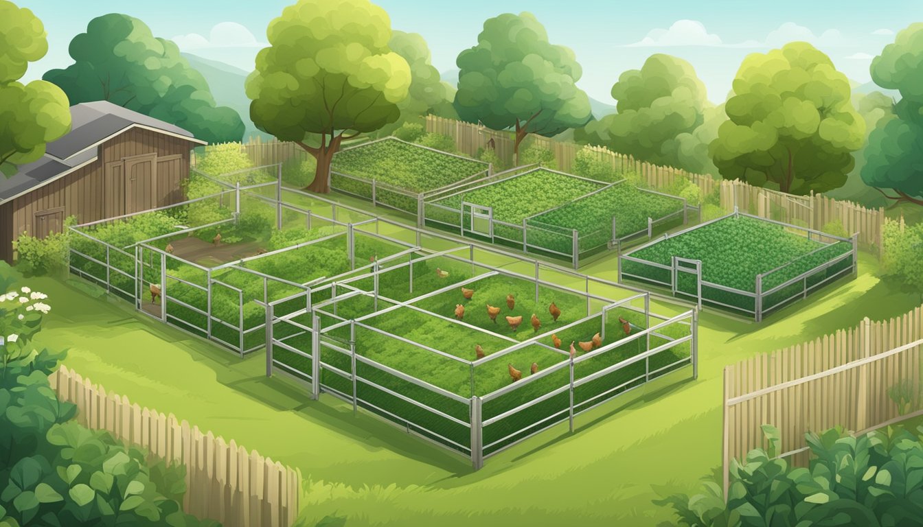 A lush, green backyard with a fenced area for chickens to roam freely. Several coops are spread out, each with its own designated resting and feeding area