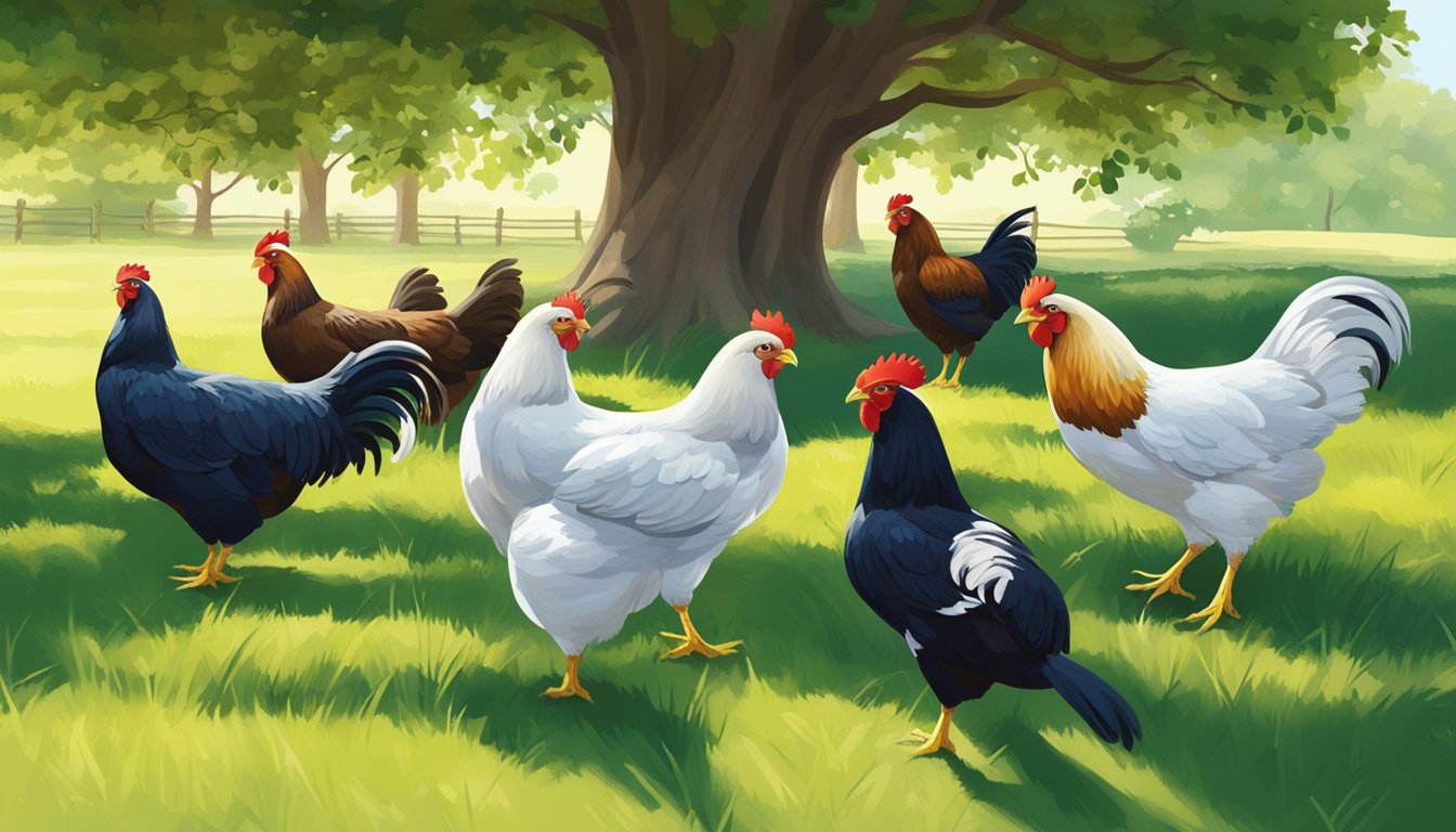 A lush green pasture with a variety of chickens happily pecking and scratching at the ground, while others rest and preen under the shade of a tree